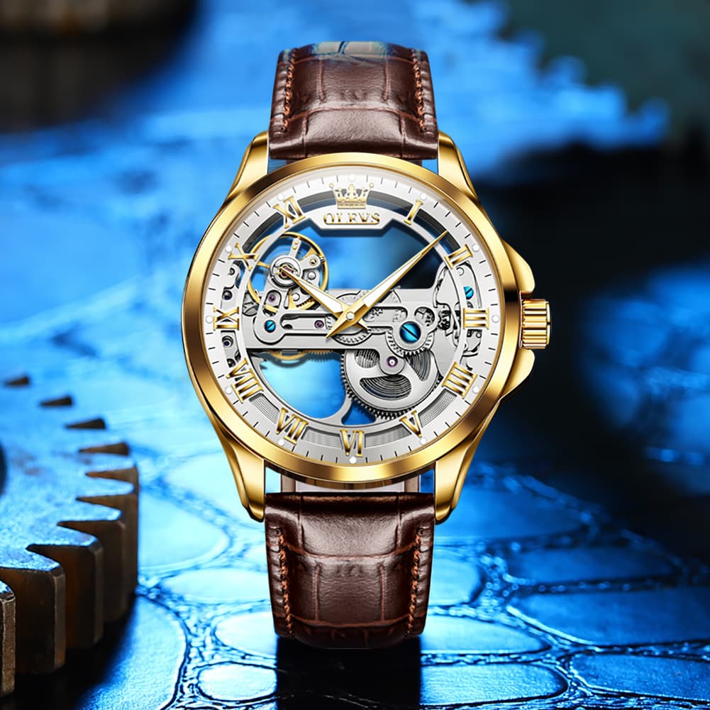 OLEVS 6661 Leather Skeleton Mechanical Watch for Men