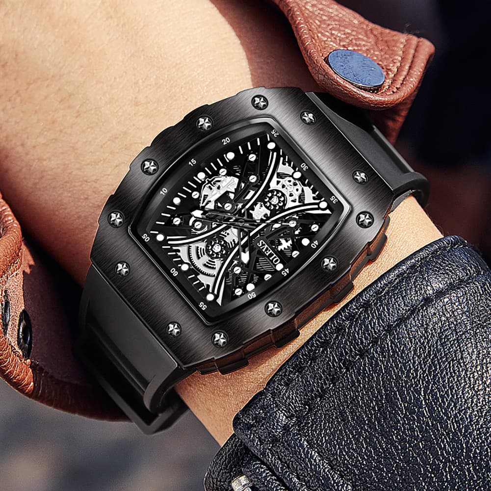 OLEVS 3602 Tonneau Skeleton Quartz Watch for Men