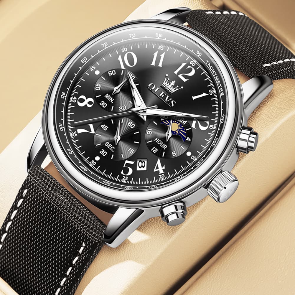 OLEVS 2912 Leather Chronograph Moon Phase Watch for Men