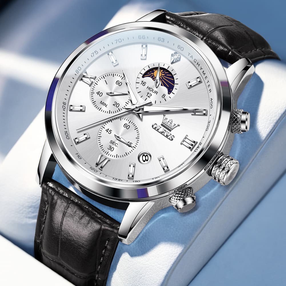 OLEVS 9812 Moon Phase Chronograph Leather Watch for Men