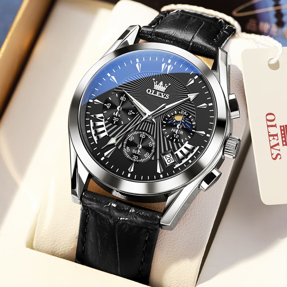 OLEVS 2876 Luxury Moon Phase Chronograph Leather Watch for Men