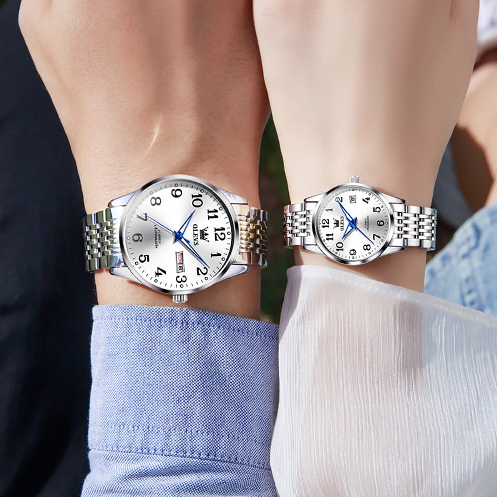 OLEVS 6666Q Stainless Steel Mechanical Big Numeral Couple Watches