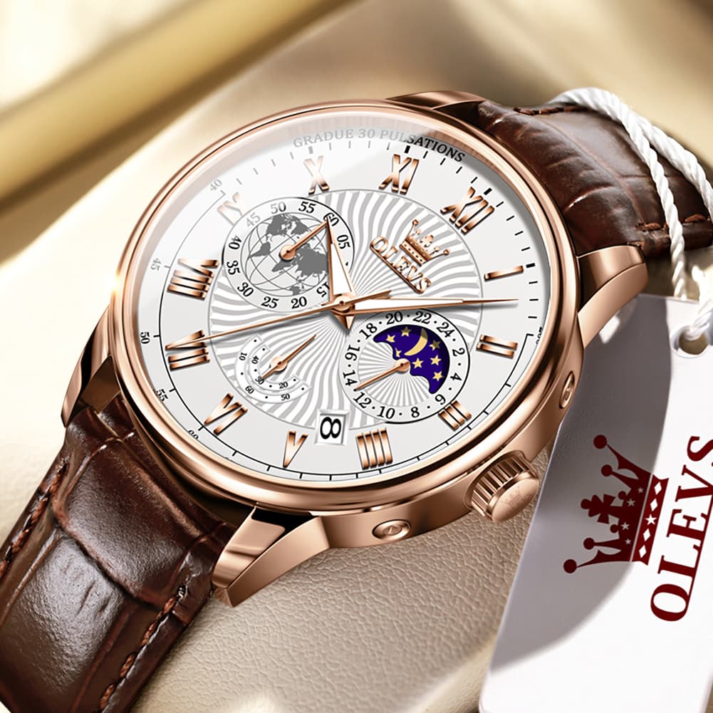 OLEVS 2893 Leather Pulsometer Moon Phase Watch for Men