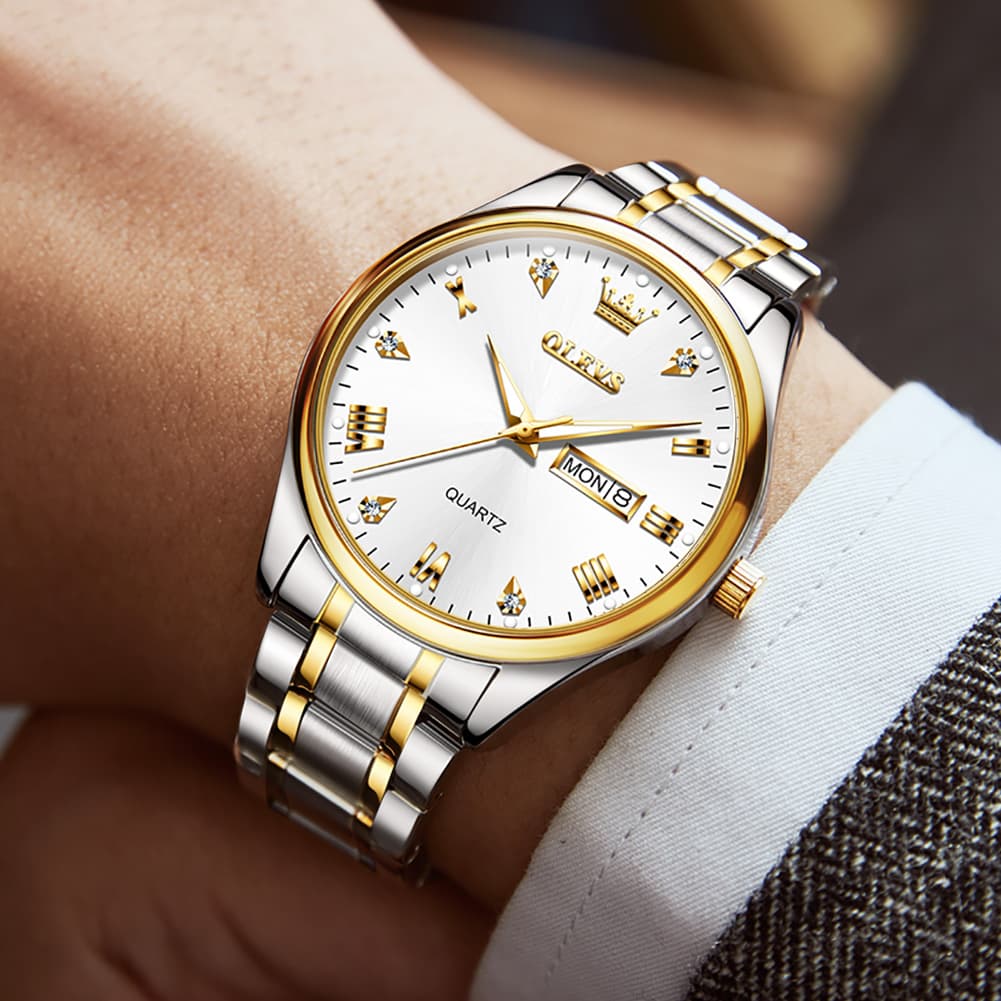OLEVS 5563 Luxury Diamond Dial Quartz Stainless Steel Day Date Watch for Men