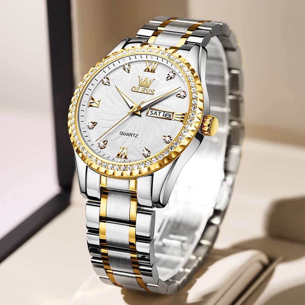 OLEVS Men Diamond Bezel Watch Two Tone Stainless Steel Quartz Day Date 5565