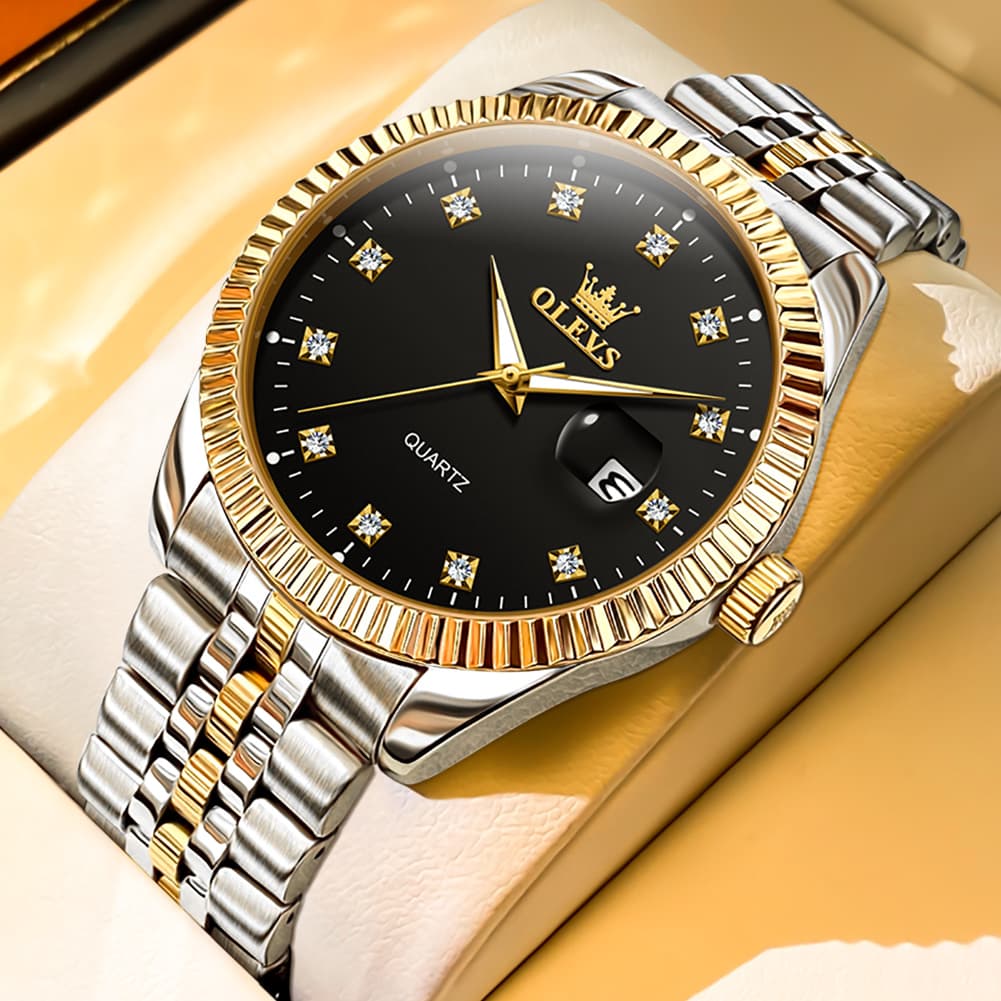 OLEVS Couple Watches Fluted Bezel Diamond Dial Quartz Watch 5526 Jubilee Band for His and Hers