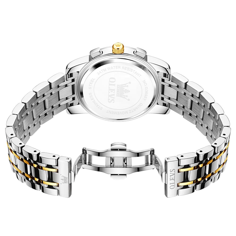 OLEVS 3655 Chronograph Moon Phase Roman Diamond Dial Stainless Steel Watch For Men