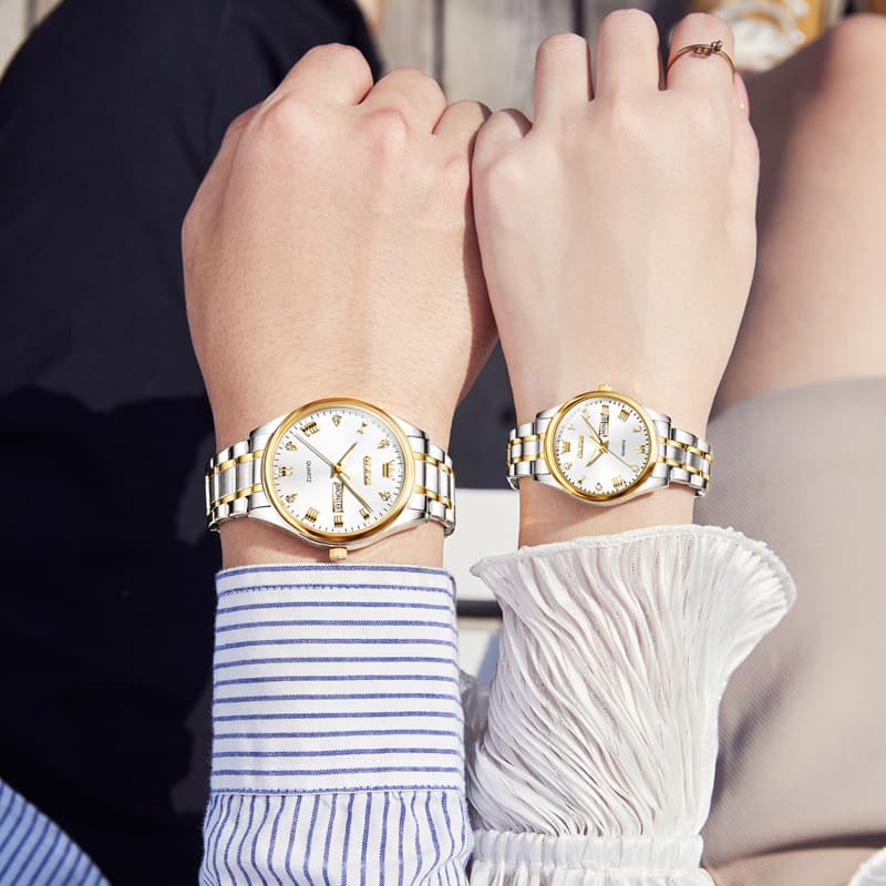 OLEVS His and Hers Couple Watches Set Two Tone Stainless Steel Quartz Day Date 5563Q