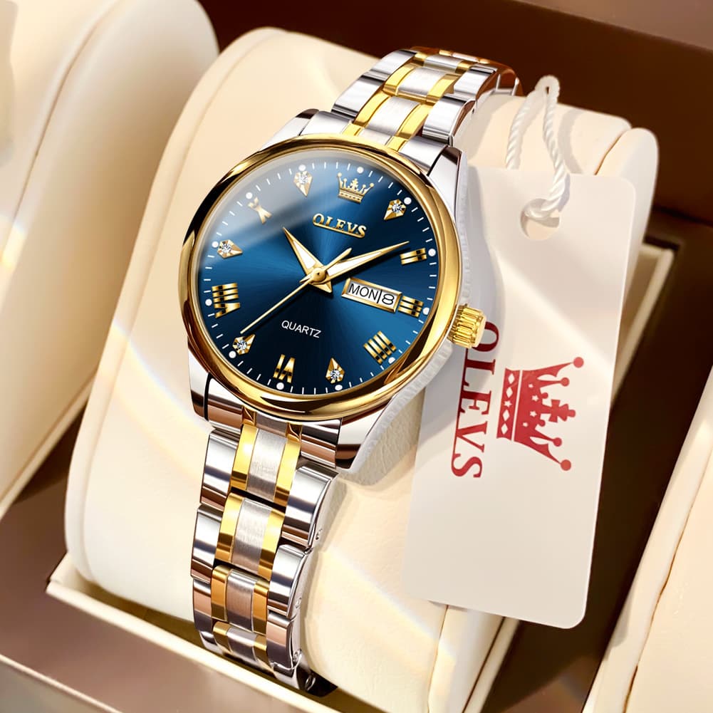 OLEVS Women Diamond Dress Watch Two Tone Stainless Steel Quartz Day Date 5563