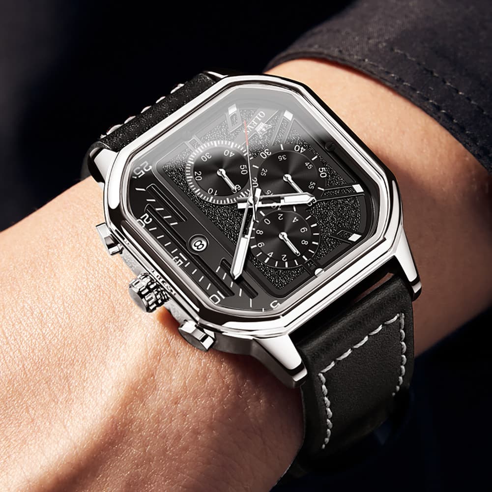 OLEVS 9950 Octagonal Case Chronograph Leather Watch for Men