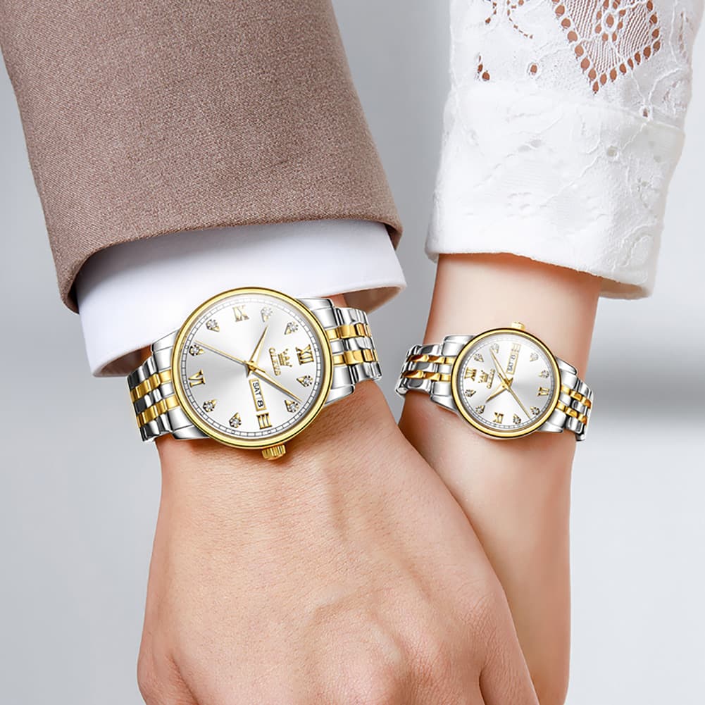 OLEVS Couple Watches Diamond Dial Day Date Quartz Watch 5525 Steel Band for His and Hers