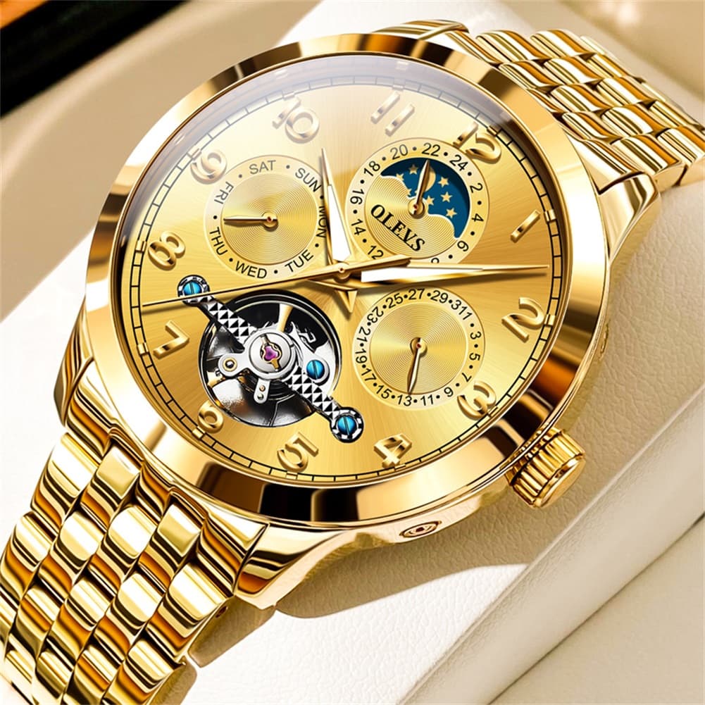 OLEVS 7018 Sun and Moon Skeleton Mechanical Watch for Men