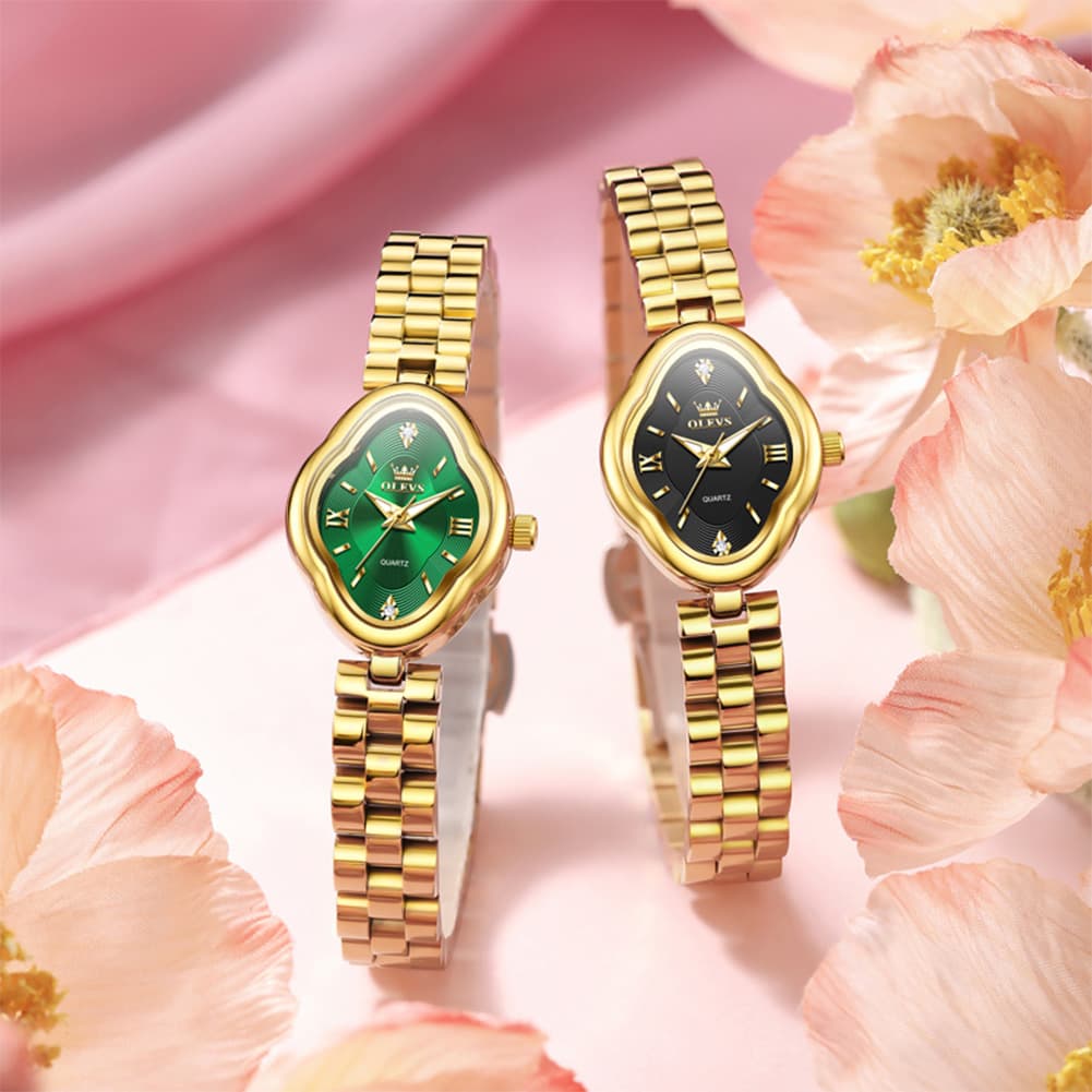 OLEVS 5666 Petal Case Vintage Dress Watch Gold Bracelet Quartz Jewelry Timepiece for Women