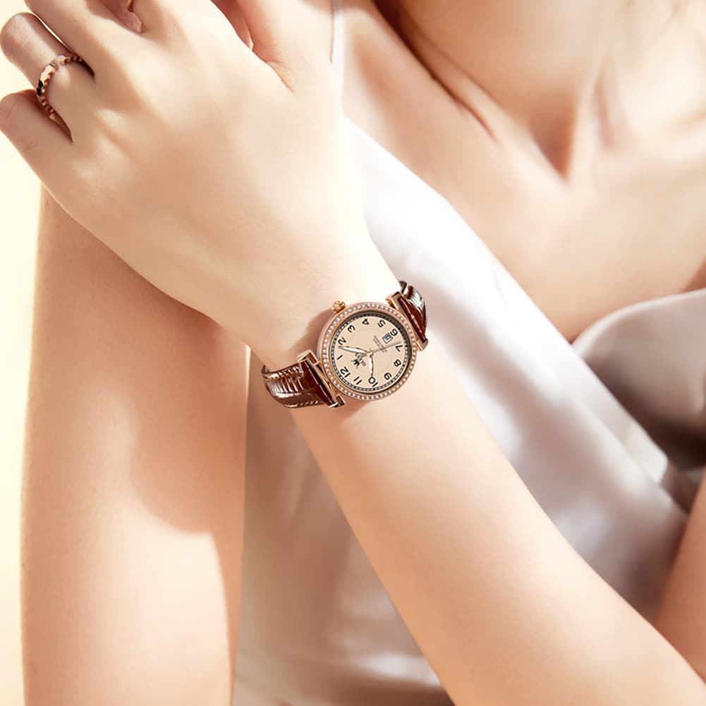 OLEVS Women Vintage Leather Dress Watch Arabic Numerals Date Quartz 5590