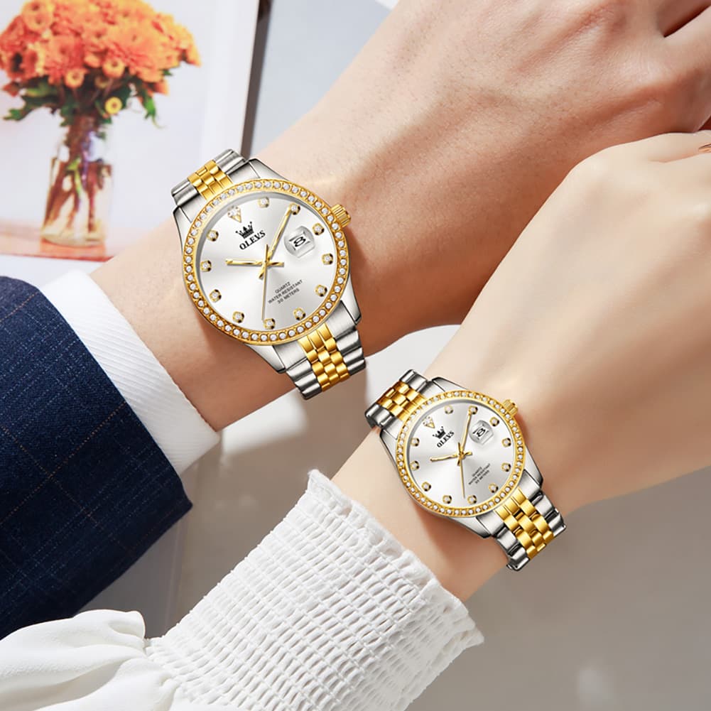 OLEVS 3629Q Diamond Bezel Quartz Couple Watches Set
