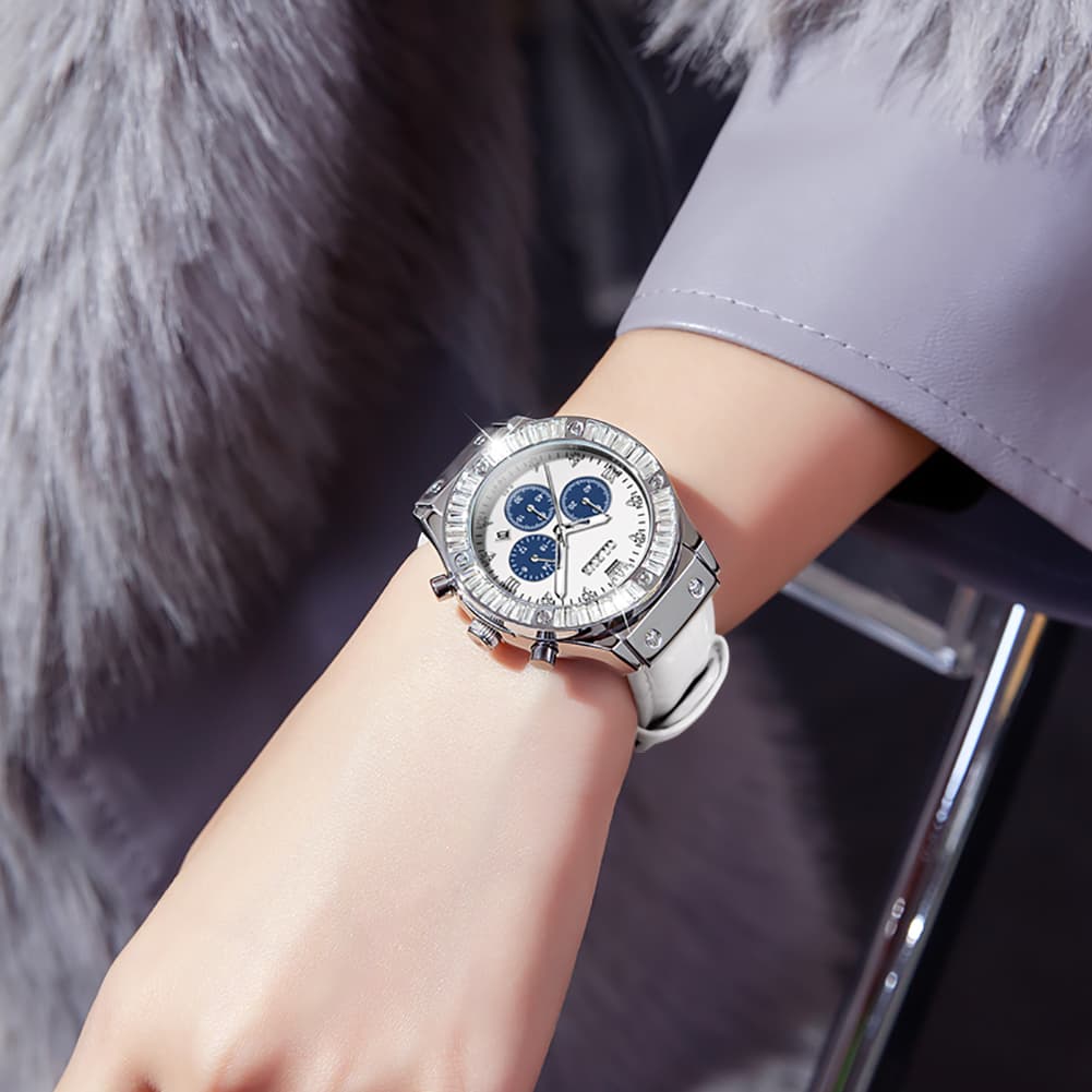 OLEVS 9978 Diamond Bezel Chronograph Leather Watch for Women