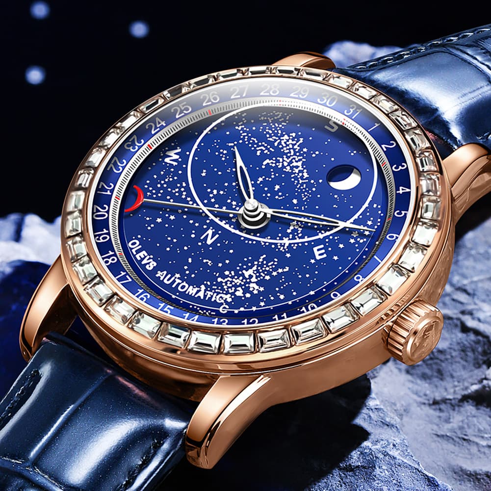 OLEVS Starry Sky Moon Phase Automatic Mechanical Watch 9923 Leather Strap for Men