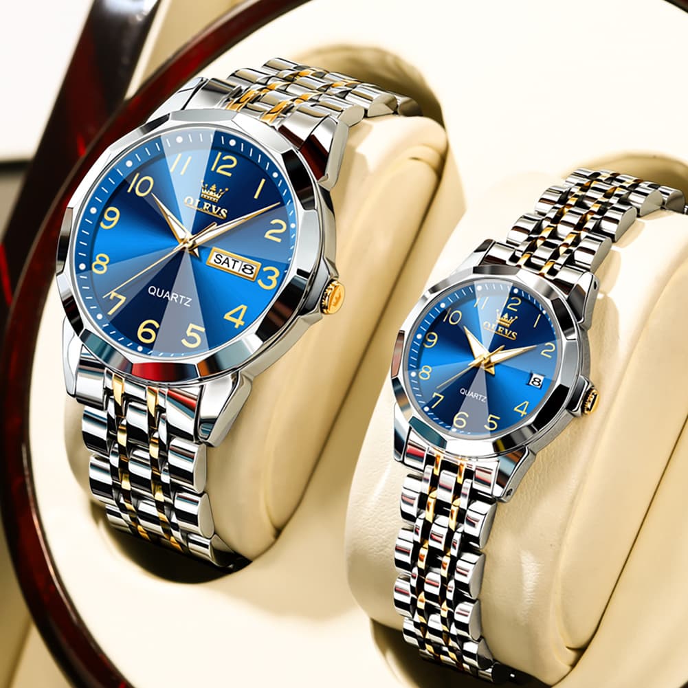 OLEVS 9970Q 3D Faceted Glass His and Hers Couple Watch Set