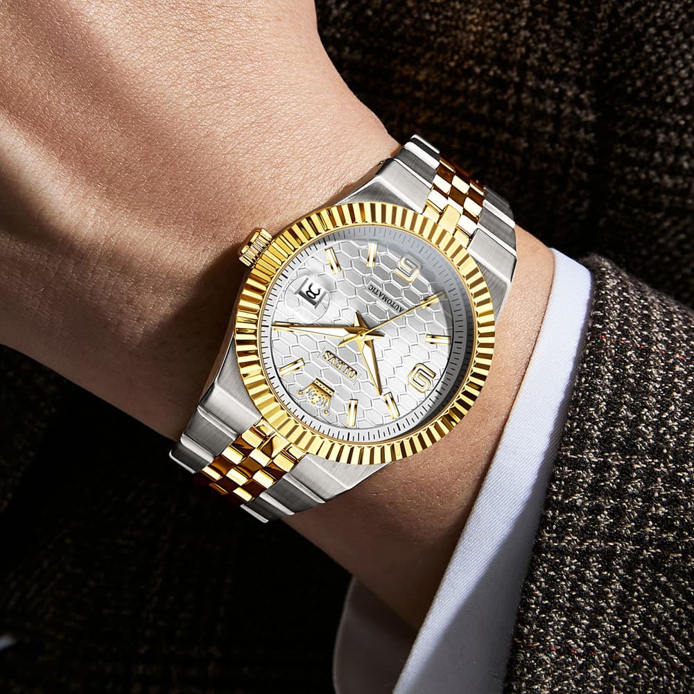 OLEVS 7105 Fluted Bezel Automatic Mechanical Luxury Dress Watch for Men