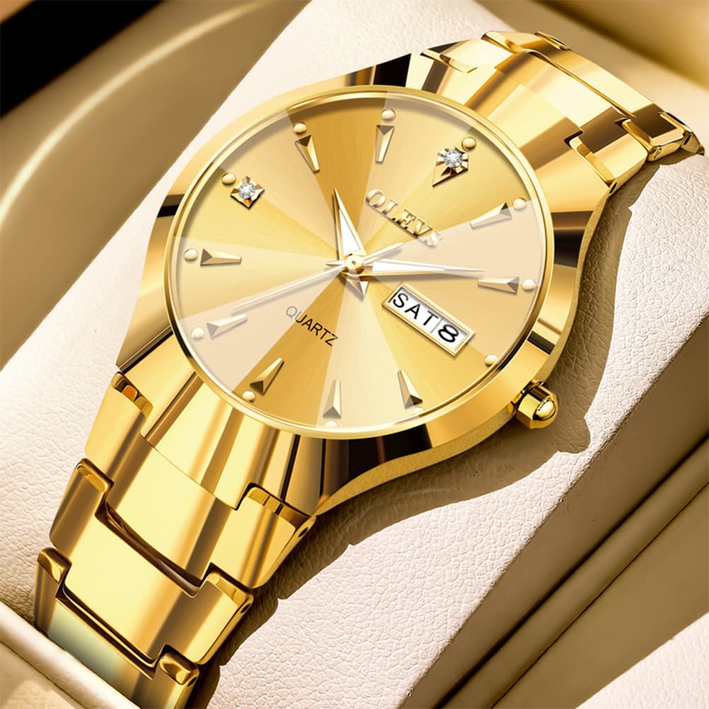 OLEVS Tungsten Steel Ultra Thin Day Date Couple Watch 8697 for Men and Women