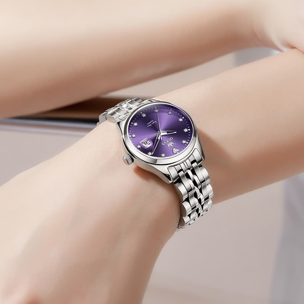 OLEVS 5649 Diamond Starry Dial Quartz Watch Calendar Stainless Steel Bracelet Timeless Timepiece for Women
