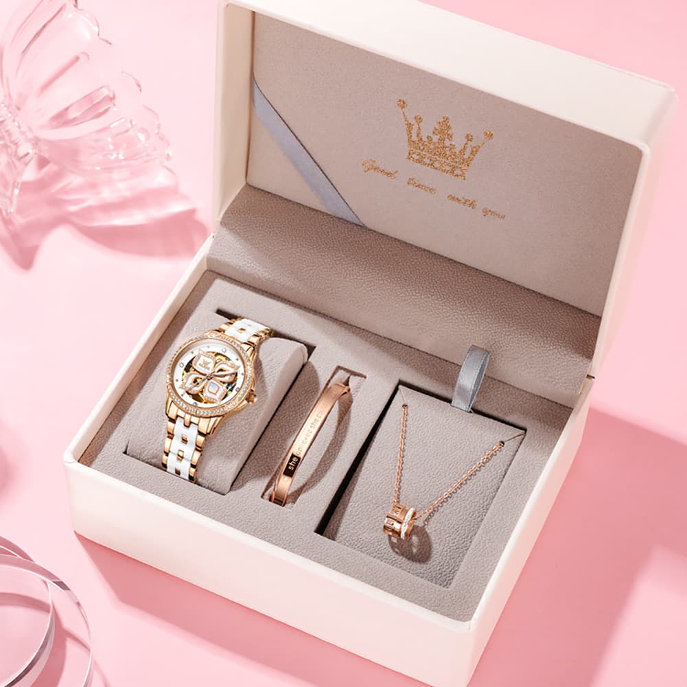 OLEVS 6612 Automatic Skeleton Four Leaf Clover Watch Set for Women