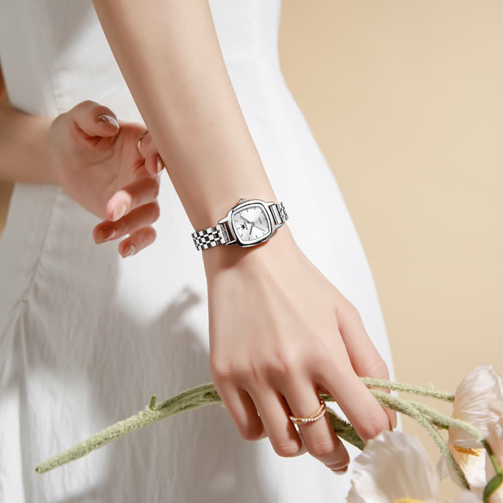 OLEVS 5675 Petite Square Watch Vintage Dress Stainless Steel Bracelet Quartz Timepiece for Women
