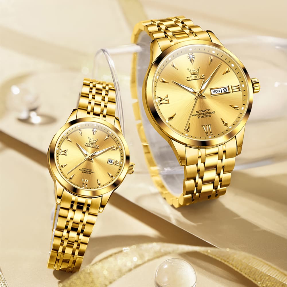 OLEVS Couple Watches Diamond Dial Automatic Mechanical Watch 9956 Steel Band for His and Hers