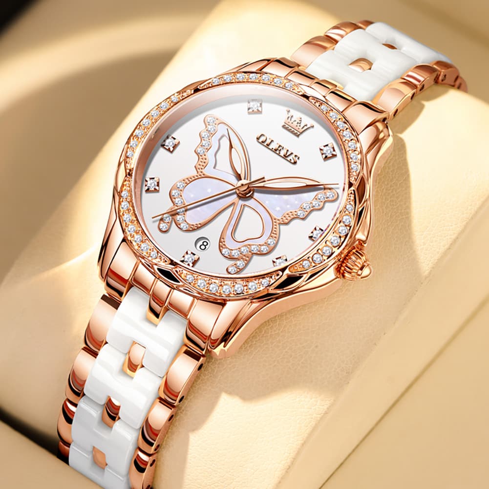 OLEVS Women Butterfly Watch Ceramic Rose Gold Diamond Date Quartz 5610