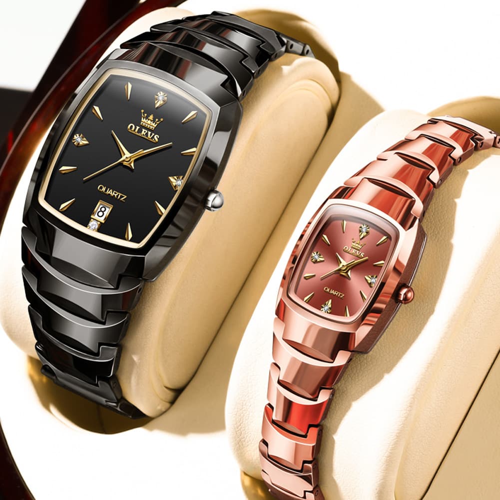 OLEVS 7006 Tungsten Steel Watch Tonneau Case Couple Diamond Accent Quartz Luxury Timepiece for Men and Women