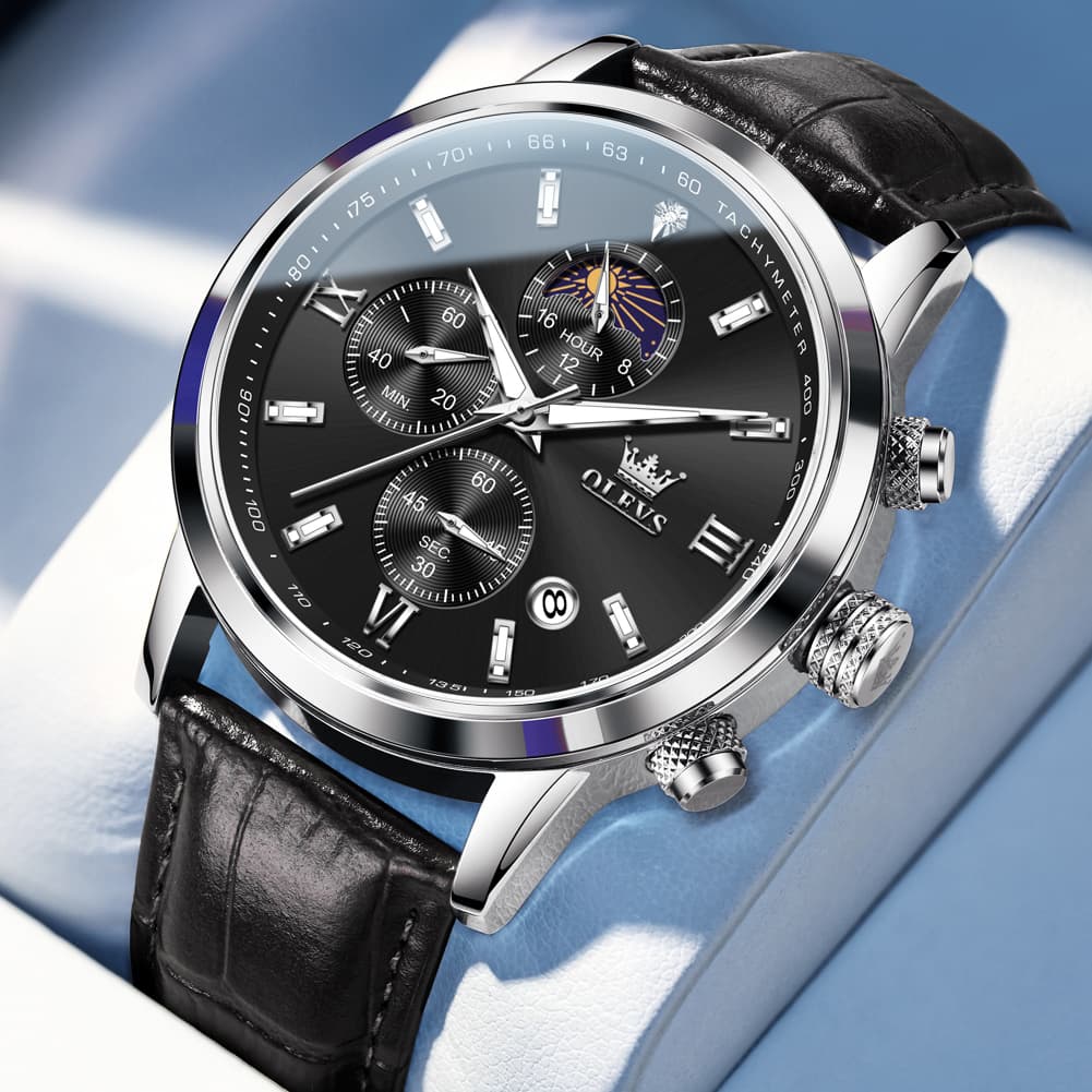 OLEVS 9812 Moon Phase Chronograph Leather Watch for Men
