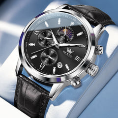 OLEVS 9812 Moon Phase Chronograph Leather Watch for Men