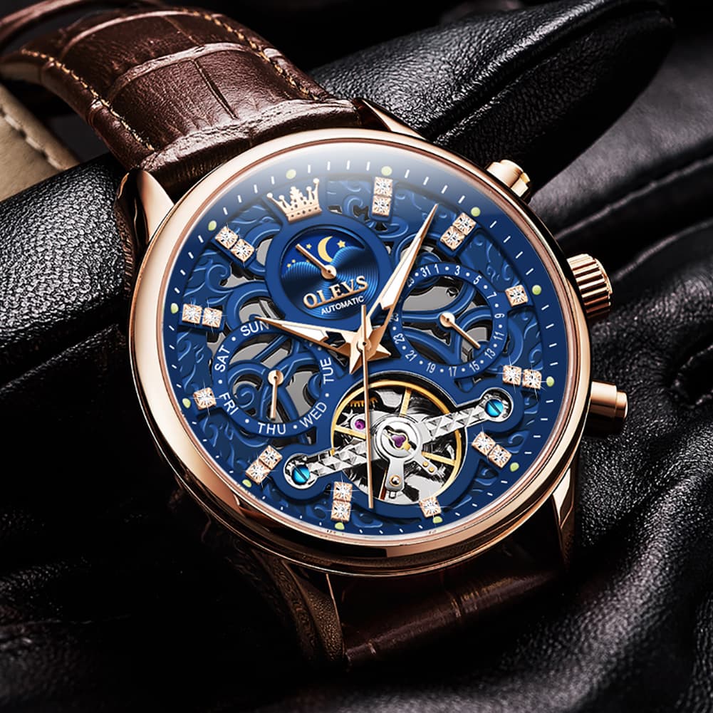 OLEVS 6658 Leather Skeleton Moon Phase Watch for Men