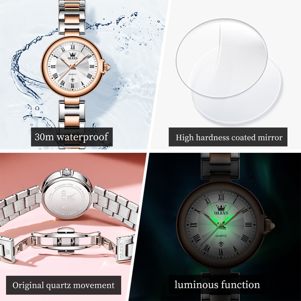 OLEVS Women Roman Numeral Dress Watch Sunray Dial Stainless Steel Date Quartz 5608
