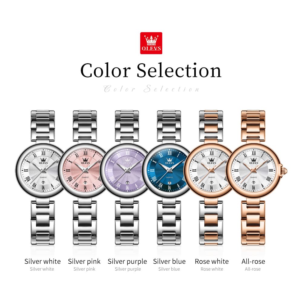 OLEVS Women Roman Numeral Dress Watch Sunray Dial Stainless Steel Date Quartz 5608