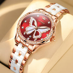 OLEVS Women Butterfly Watch Ceramic Rose Gold Diamond Date Quartz 5610