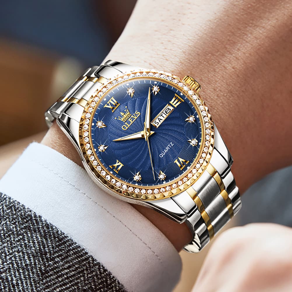 OLEVS Men Diamond Bezel Watch Two Tone Stainless Steel Quartz Day Date 5565