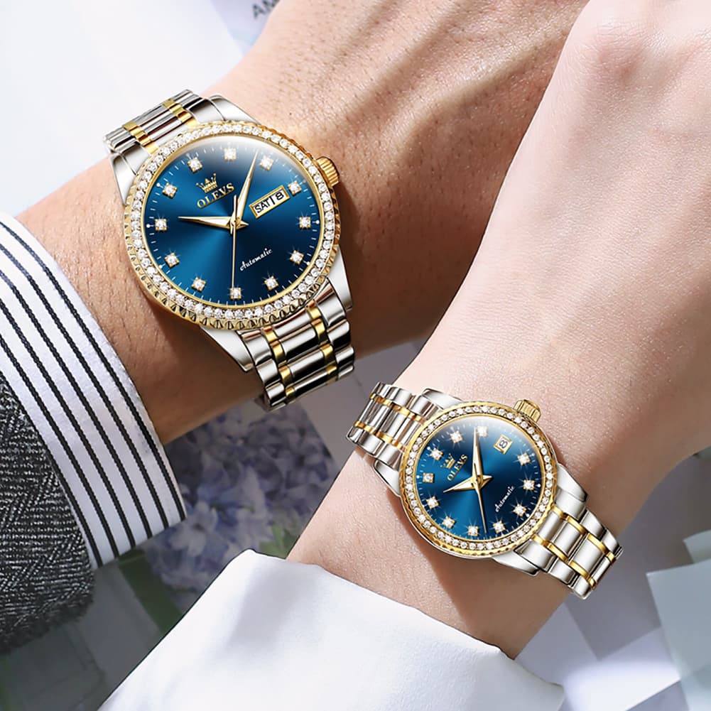 OLEVS 7003Q Diamond Bezel Automatic Couple Watch Set