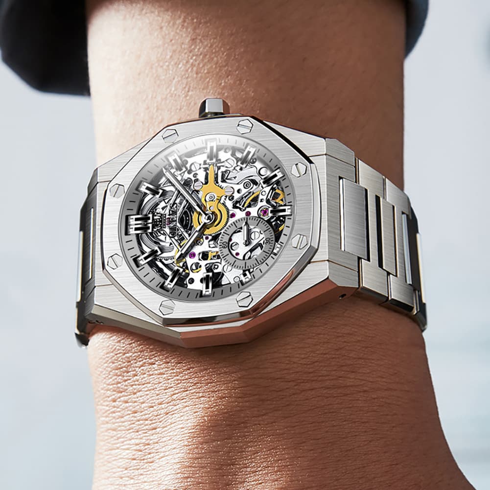 OLEVS 6669 Stainless Steel Octagonal Skeleton Watch for Men