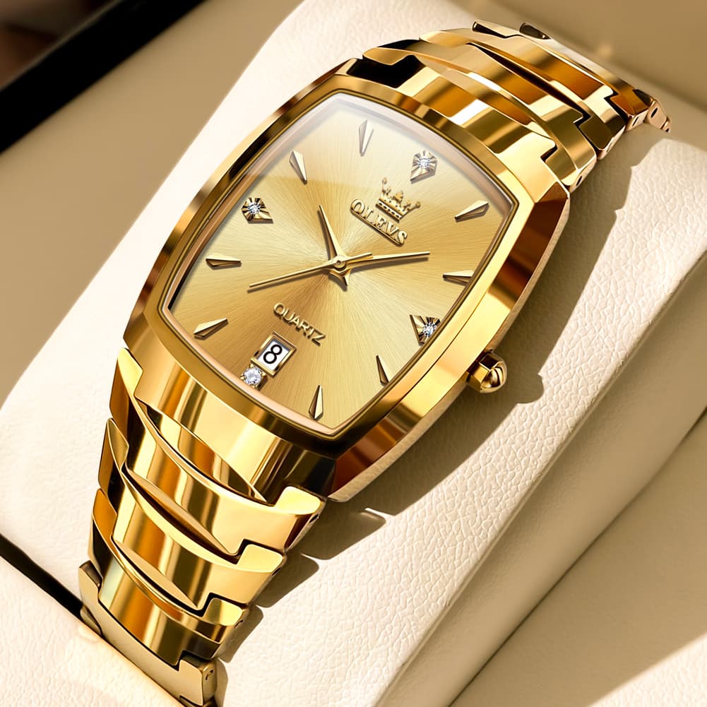 OLEVS 7006 Tungsten Steel Watch Tonneau Case Couple Diamond Accent Quartz Luxury Timepiece for Men and Women