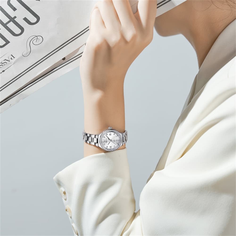 OLEVS Women Diamond Bezel Watch Petite Pastel Sunray Silver Stainless Steel Date Quartz 5628