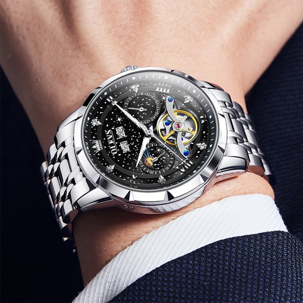 OLEVS 6690 Automatic Skeleton Starry Sky Steel Leather Watch for Men