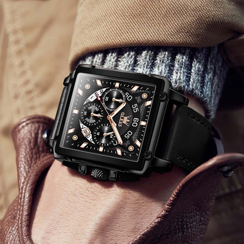 OLEVS 9919 Large Square Chronograph Leather Watch for Men