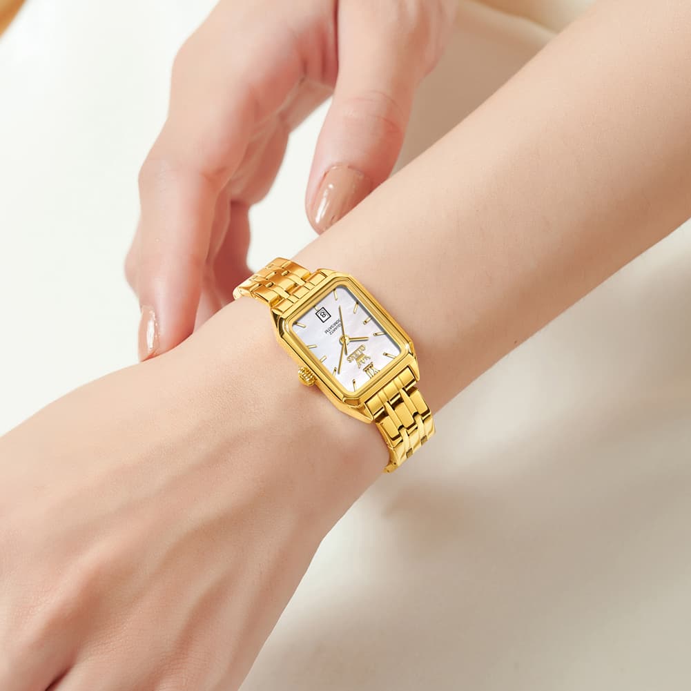 OLEVS Women Square Dress Watch Retro Gold Stainless Steel Date Quartz 5616