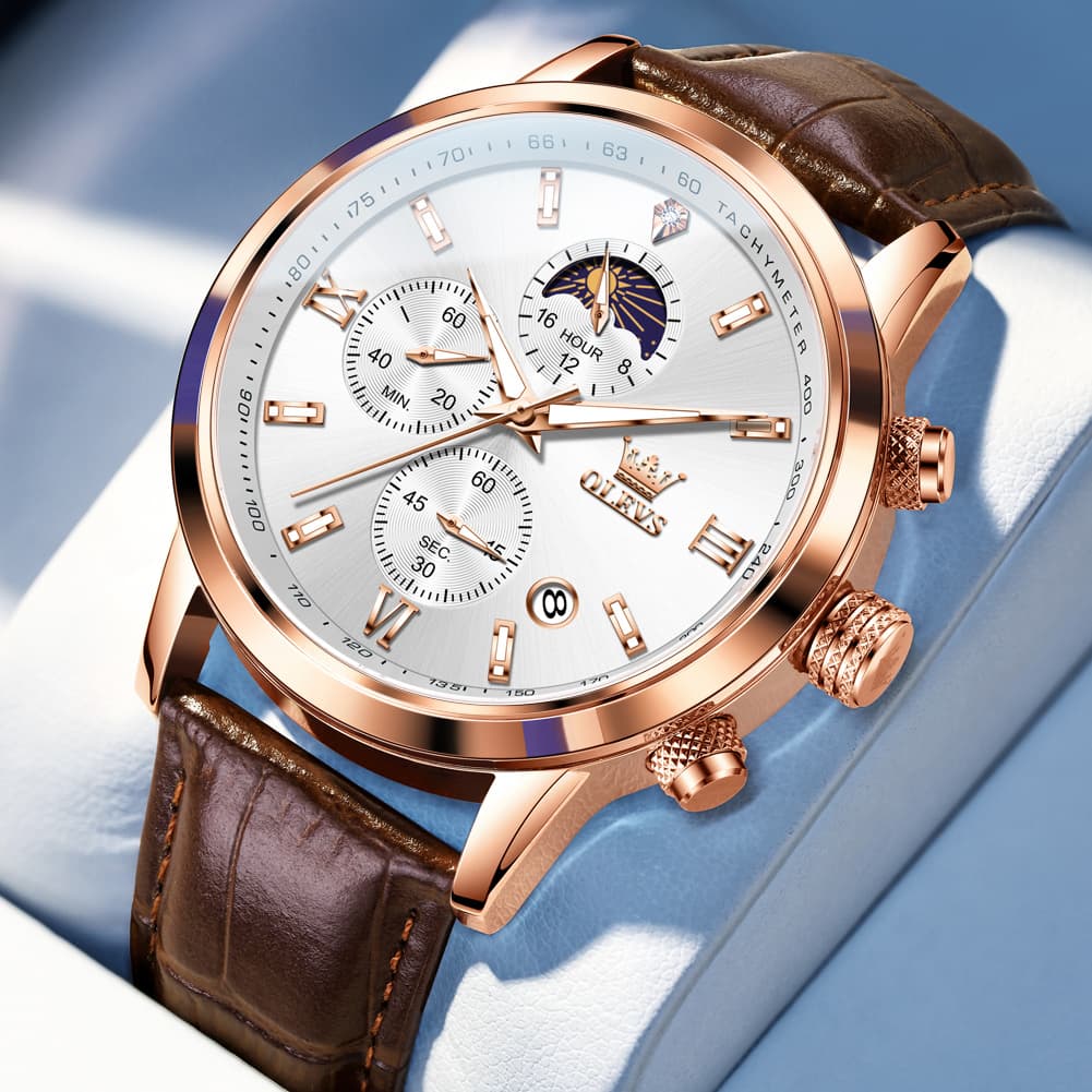 OLEVS 9812 Moon Phase Chronograph Leather Watch for Men