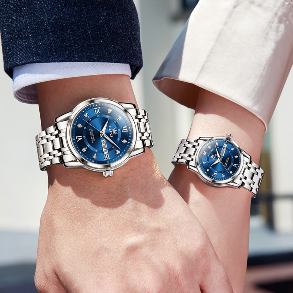 OLEVS Couple Watches Diamond Dial Day Date Quartz Watch 5513 Steel Band for His and Hers