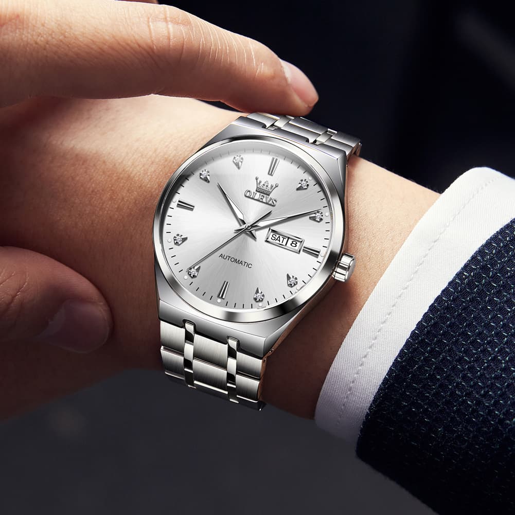 OLEVS Integrated Bracelet Diamond Dial Automatic Watch 9811 Day Date for Men