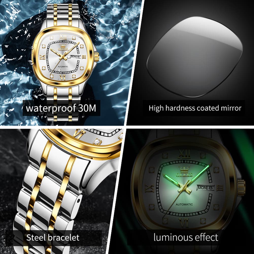 OLEVS Retro Square Diamond Dial Automatic Mechanical Watch 9810 for Men and Women