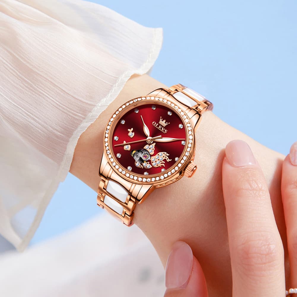 OLEVS 7001 Koi Skeleton Ceramic Mechanical Watch for Women