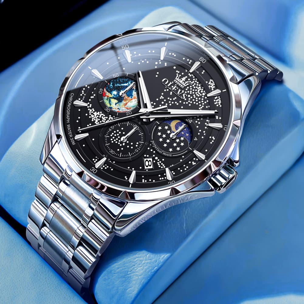 OLEVS Starry Sky Moon Phase Watch for Men Stainless Steel 5538